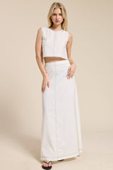 Contrast Stitch Linen Two Piece Set: Off-White