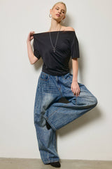 Ruched One Shoulder Short Sleeve Top: Black / L