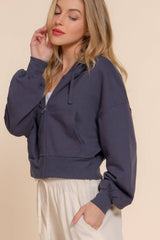 Long Sleeve Hoodie French Terry Zip Up Jacket COFFEE