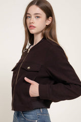 Long Sleeve Crew Neck Felt Jacket with Pocket Flap Detail: BRN-dark brown / L