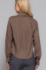 Long Sleeve Button Down Crop Linen Blend Shirt