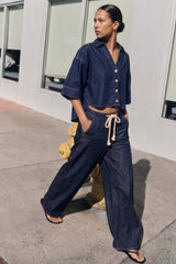DRAWSTRING WIDE DENIM PANTS: DENIM / L