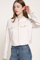 Long Sleeve Crew Neck Felt Jacket with Pocket Flap Detail: BRN-dark brown / L