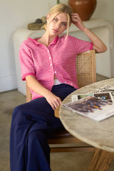 Striped Short Sleeve Button Cardigan: Black / L