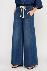 DRAWSTRING WIDE DENIM PANTS: DENIM / L