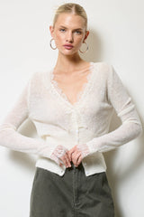 Lace Trim V Neck Knit Cardigan: Black / L