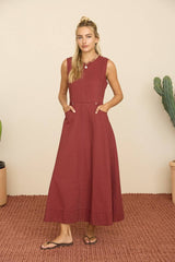 Burgundy Sleeveless Seam Detail Midi