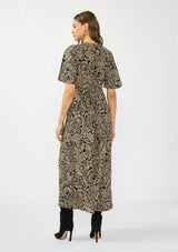 V-Neck Flutter Sleeve Front Slit Maxi Dress: BLACK/NATURAL / L