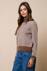 Contrast Trim Turtleneck Knit Sweater: BROWN / L