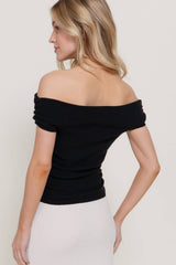 Off The Shoulder Side Ruched Sweater Top : BLK-black / L
