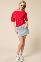 Ruched One Shoulder Short Sleeve Top: Black / L