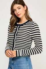 TEXTURED STRIPED BUTTON-FRONT CARDIGAN: Off White/Navy / L