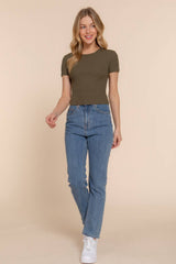 Short Sleeve Crew Neck Cotton Spandex Rib Knit Top : PNK-beige pink / L