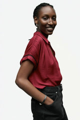 Whipstitch Short Sleeve Button Up Blouse