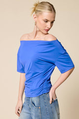 Ruched One Shoulder Short Sleeve Top: Black / L