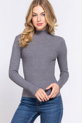 Long Sleeve Mock Neck Rib Sweater : RED