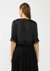 V-Neck Button Front Blouse with Lace Trim