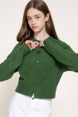 Long Sleeve Round Neck Button Down Sweater Cardigan: GRN-dark green / L