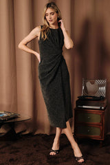 Round Neck Side Knot Drape Lurex Midi
