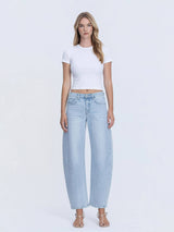 HIGH RISE LIGHT WASH SEAM DETAIL CROP BARREL JEANS