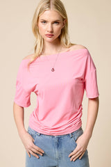 Ruched One Shoulder Short Sleeve Top: Black / L