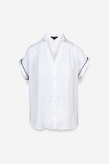 Whipstitch Short Sleeve Button Up Blouse