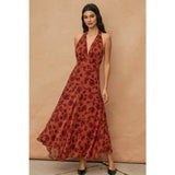 Floral Open Back Drop Waist Halter Dress