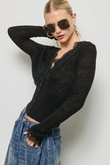 Lace Trim V Neck Knit Cardigan
