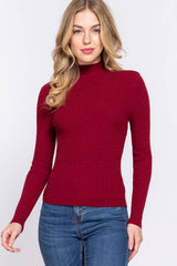 Long Sleeve Mock Neck Rib Sweater : RED