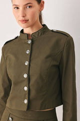 A solid woven crop jacket - FJ1584: OLIVE / Contemporary / L