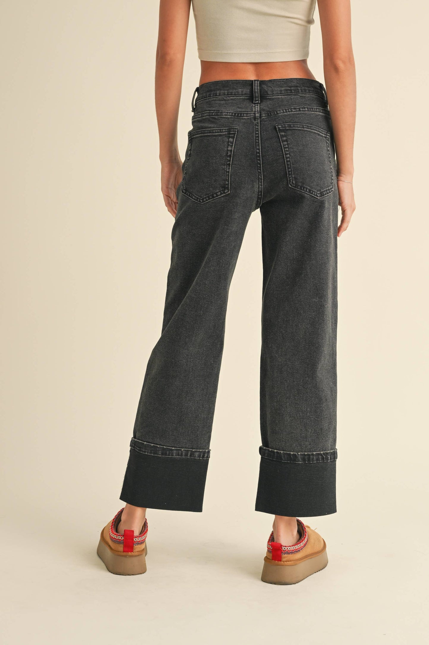 Cuffed Bottom Black Denim Pant
