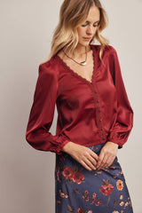 Lace Trim Satin Blouse