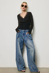 Lace Trim V Neck Knit Cardigan: Black / L