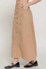 Stretch Cotton Twill A-Line Button Down Maxi Skirt: BLK-black / L