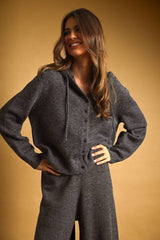 J7311ST BUTTON FRONT SWEATER JACKET WITH HOOD: CHARCOAL / L