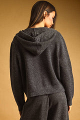 J7311ST BUTTON FRONT SWEATER JACKET WITH HOOD: CHARCOAL / L