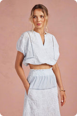 Floral Embroidery Cotton Lace Trim Skirt Top Set: Navy / L