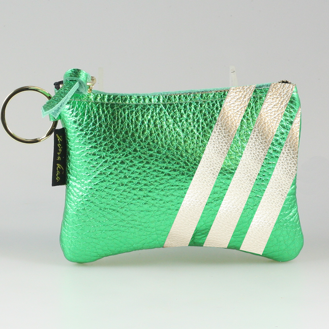 The Kara Wallet: 3 Side Stripes: Moss w/Platinum Stripes / Lobster
