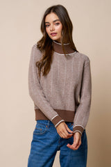 Contrast Trim Turtleneck Knit Sweater: BROWN / L