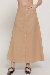 Stretch Cotton Twill A-Line Button Down Maxi Skirt: BLK-black / L