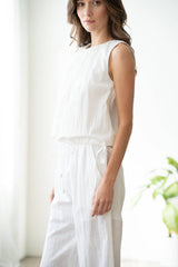 SHIRRED NECK DETAILED DOUBLE-TIE TOP: White / Contemporary / L