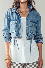 Drawstring Hem Stand Collar Denim Jacket