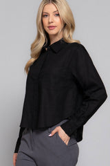 Long Sleeve Button Down Crop Linen Blend Shirt