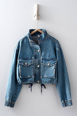 Drawstring Hem Stand Collar Denim Jacket
