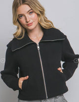 Zip Front Sweater Jacket | Ribbed Sleeve Knit Layer : Black / Contemporary / L