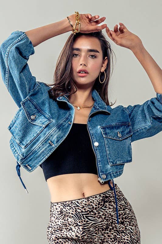 Drawstring Hem Stand Collar Denim Jacket