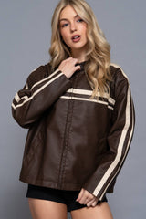 Long Sleeve Line Detail Washed Effect Faux Leather Jacket