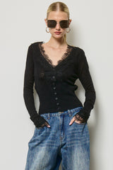 Lace Trim V Neck Knit Cardigan