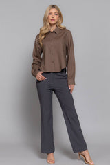 Long Sleeve Button Down Crop Linen Blend Shirt