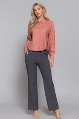 Long Sleeve Button Down Crop Linen Blend Shirt